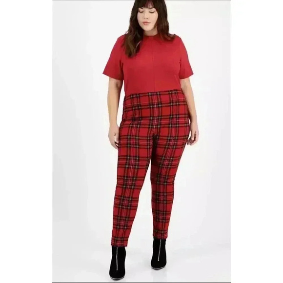 Bar III Red Plaid Pull On Leggings, 2x - Picture 1 of 7